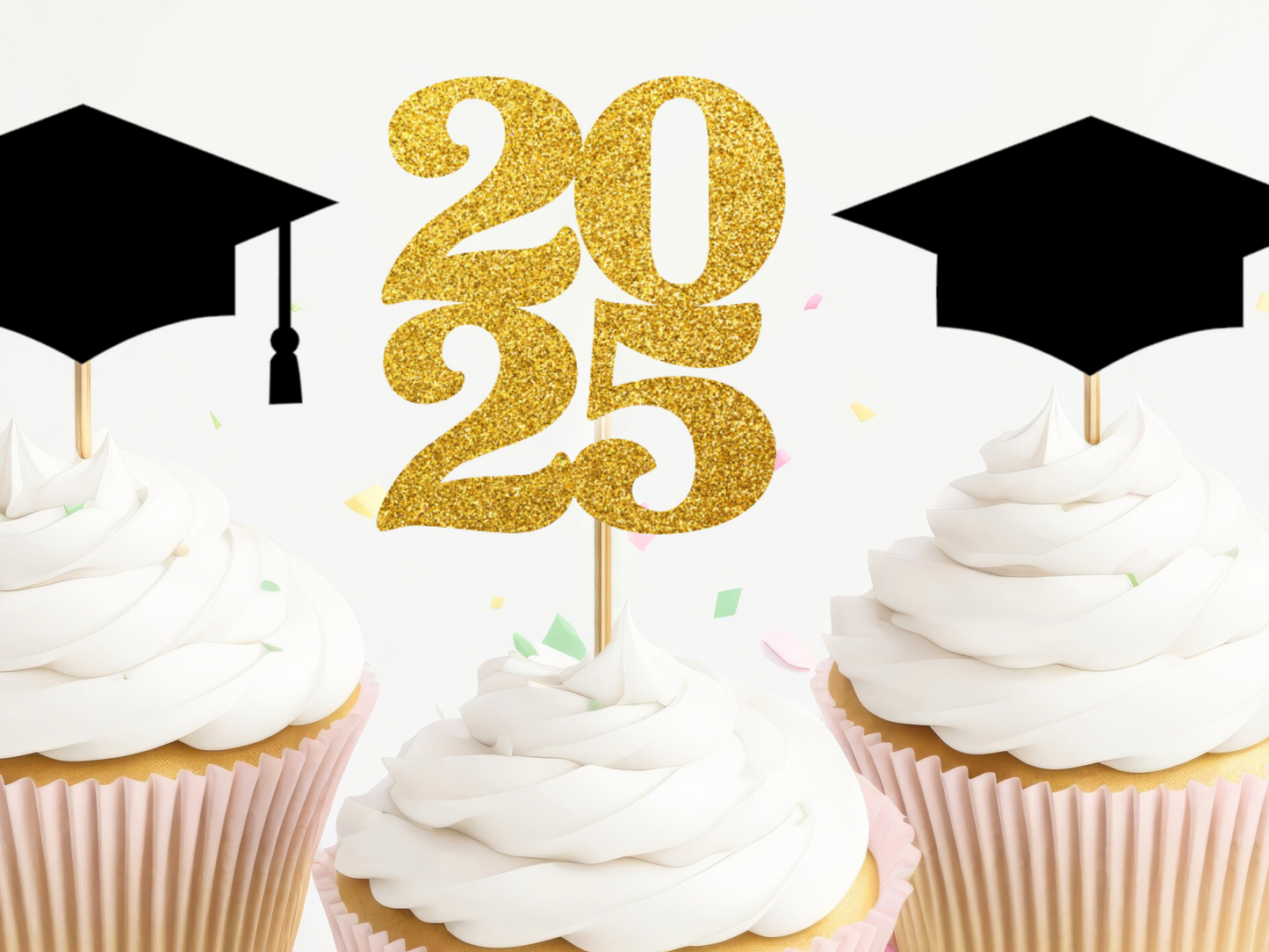 Graduation Cupcake Toppers - 2025 and Grad Caps