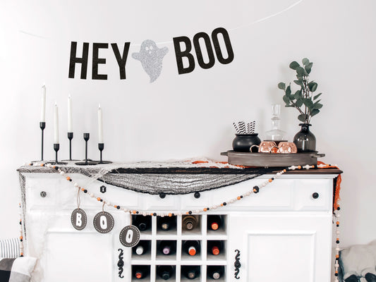 Hey Boo Banner - Black & Silver Glitter