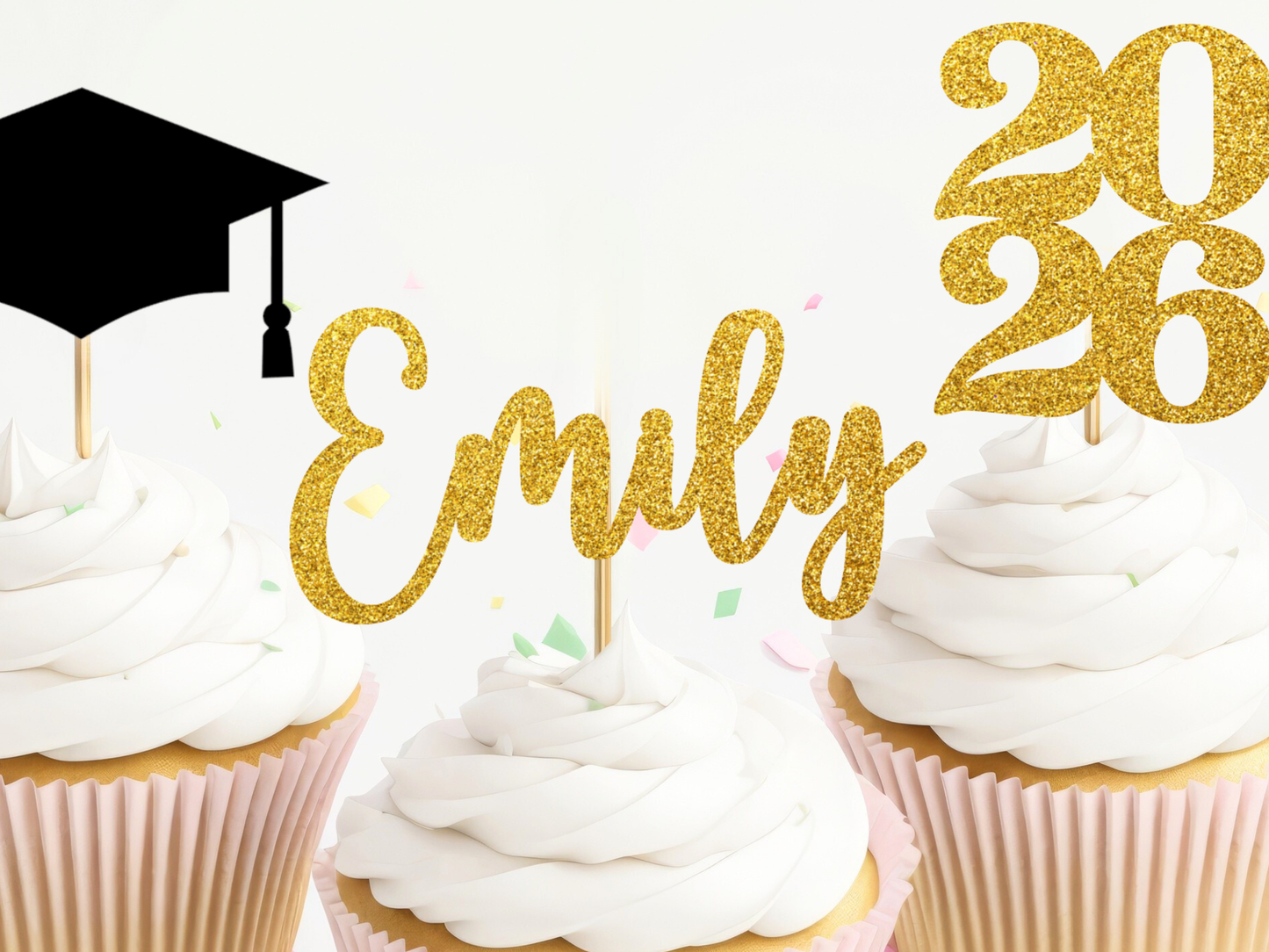 Graduation Cupcake Toppers - Personalized Name, Year and Grad Cap