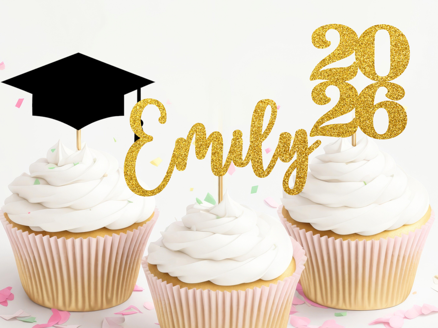Graduation Cupcake Toppers - Personalized Name, Year and Grad Cap