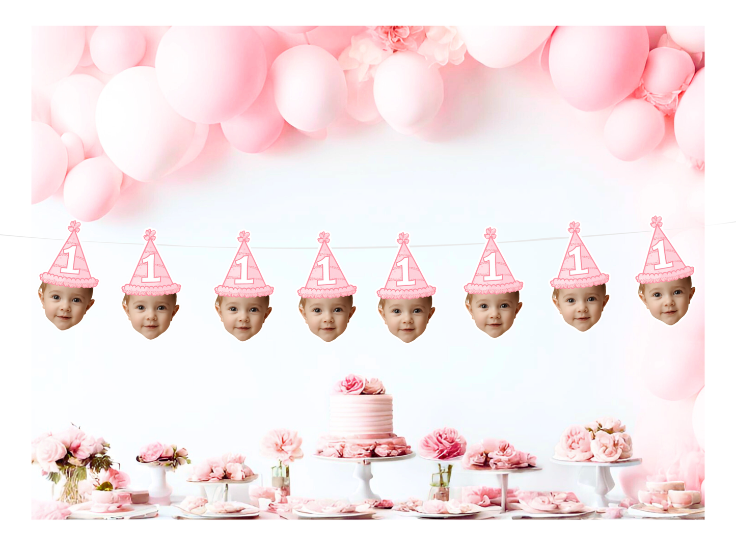 Photo Face Banner for First Birthday Party Decorations, Custom Baby Pink 1st Birthday Decor