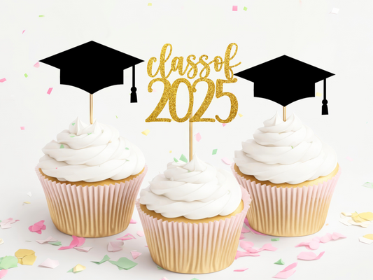 Graduation Cupcake Toppers - Class of 2025 and Grad Caps