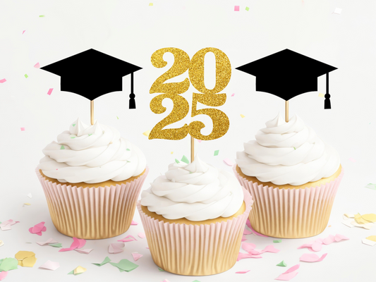 Graduation Cupcake Toppers - 2025 and Grad Caps