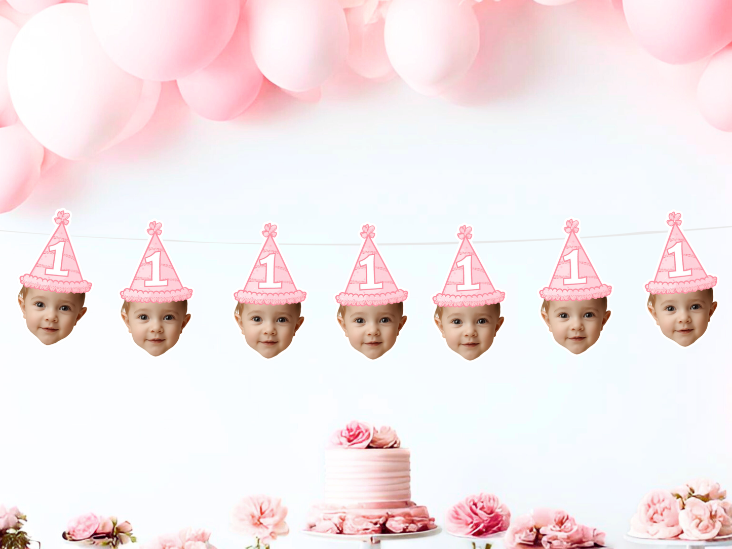 Photo Face Banner for First Birthday Party Decorations, Custom Baby Pink 1st Birthday Decor