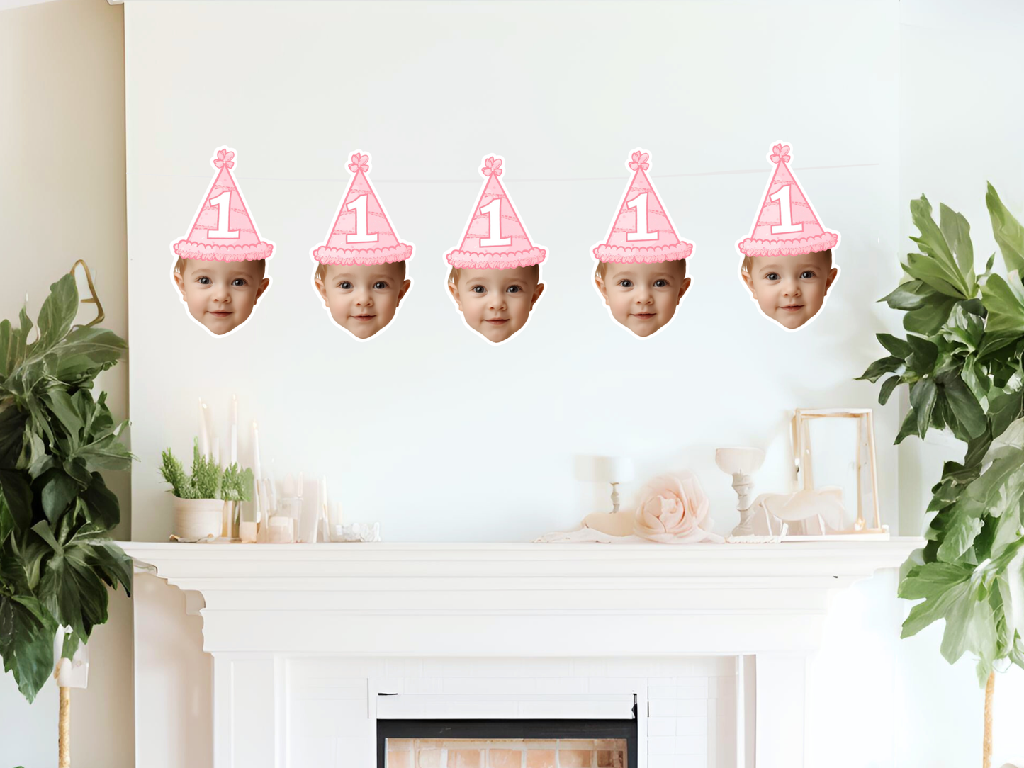 Photo Face Banner for First Birthday Party Decorations, Custom Baby Pink 1st Birthday Decor