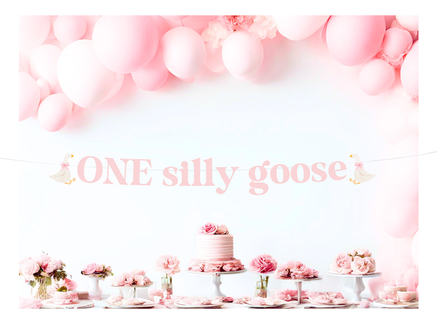 One Silly Goose Girls First Birthday Banner, Gingham Bow Party Decorations